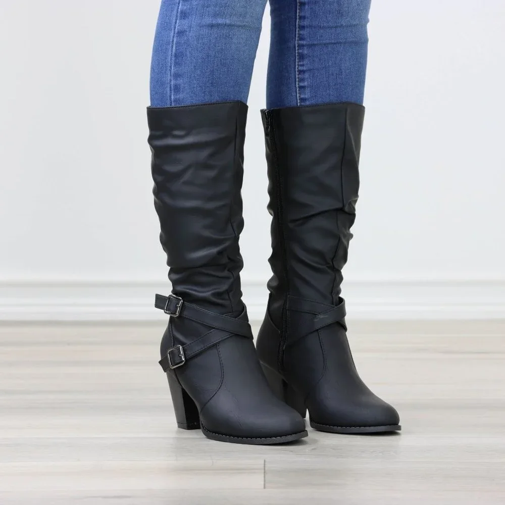 Black Mid Calf Block Heeled Boots Synthetic Leather Pointed Toe Womens - Picture 14 of 15